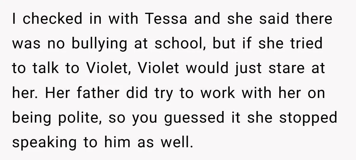 I checked in with Tessa and she said there was no bullying at school, but if she tried to talk to Violet, Violet would just stare at her. Her father...