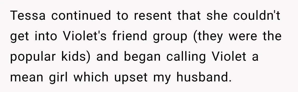 Tessa continued to resent that she couldn't get into Violet's friend group (they were the popular kids) and began calling Violet a mean girl which upset my husband.