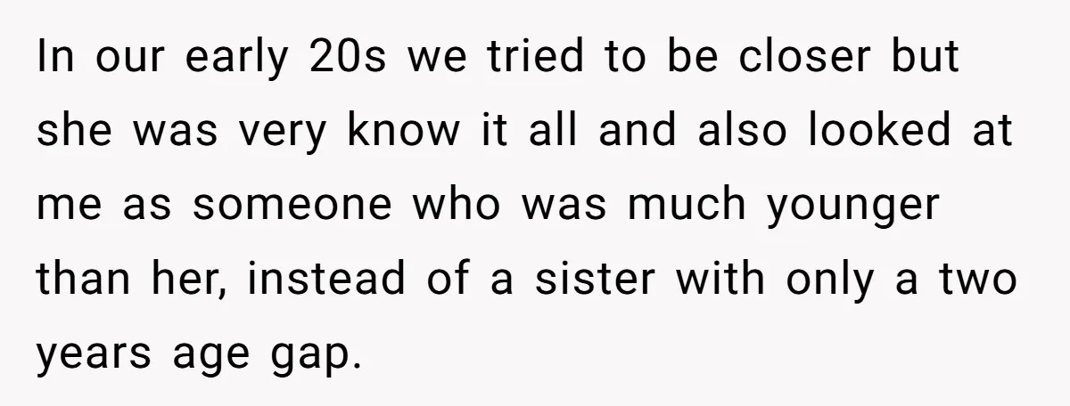 In our early 20s we tried to be closer but she was very know it all and also looked at me as someone who was much younger than her, instead...
