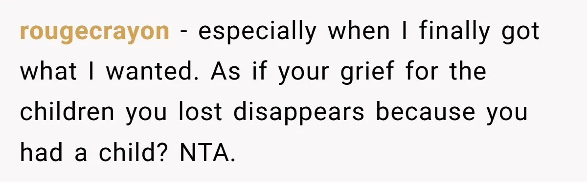 rougecrayon − especially when I finally got what I wanted. As if your grief for the children you lost disappears because you had a child? NTA.