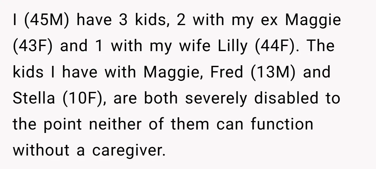 I (45M) have 3 kids, 2 with my ex Maggie (43F) and 1 with my wife Lilly (44F). The kids I have with Maggie, Fred (13M) and Stella (10F), are...