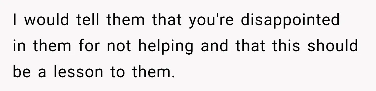 I would tell them that you're disappointed in them for not helping and that this should be a lesson to them.