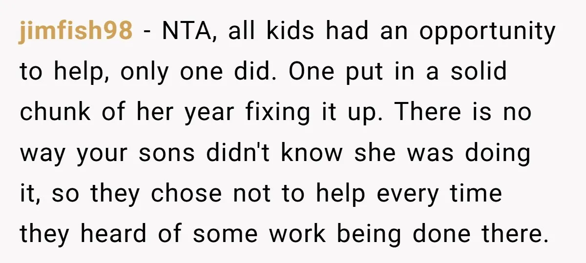 jimfish98 - NTA, all kids had an opportunity to help, only one did. One put in a solid chunk of her year fixing it up. There is no way your...