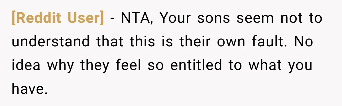 [Reddit User] - NTA, Your sons seem not to understand that this is their own fault. No idea why they feel so entitled to what you have.