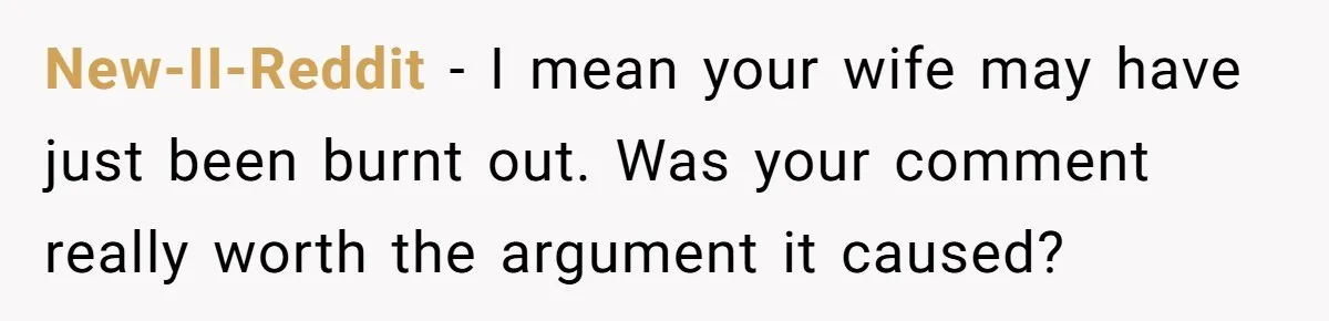 New-II-Reddit − I mean your wife may have just been burnt out. Was your comment really worth the argument it caused?