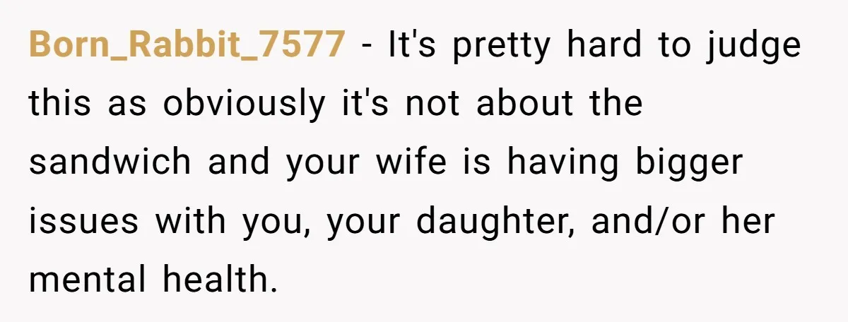 Born_Rabbit_7577 − It's pretty hard to judge this as obviously it's not about the sandwich and your wife is having bigger issues with you, your daughter, and/or her mental health.