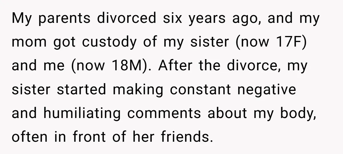 My parents divorced six years ago, and my mom got custody of my sister (now 17F) and me (now 18M). After the divorce, my sister started making constant negative and...