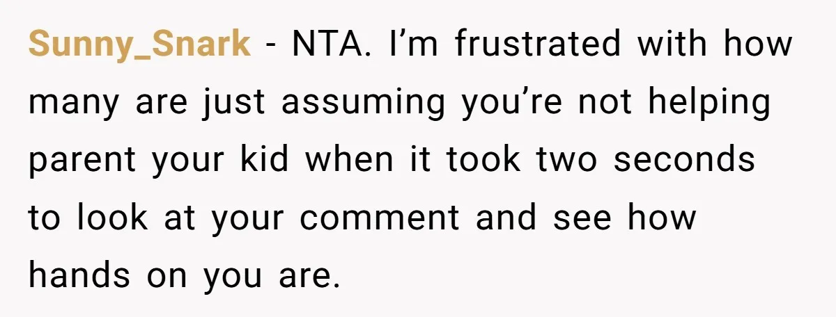 Sunny_Snark − NTA. I’m frustrated with how many are just assuming you’re not helping parent your kid when it took two seconds to look at your comment and see how...