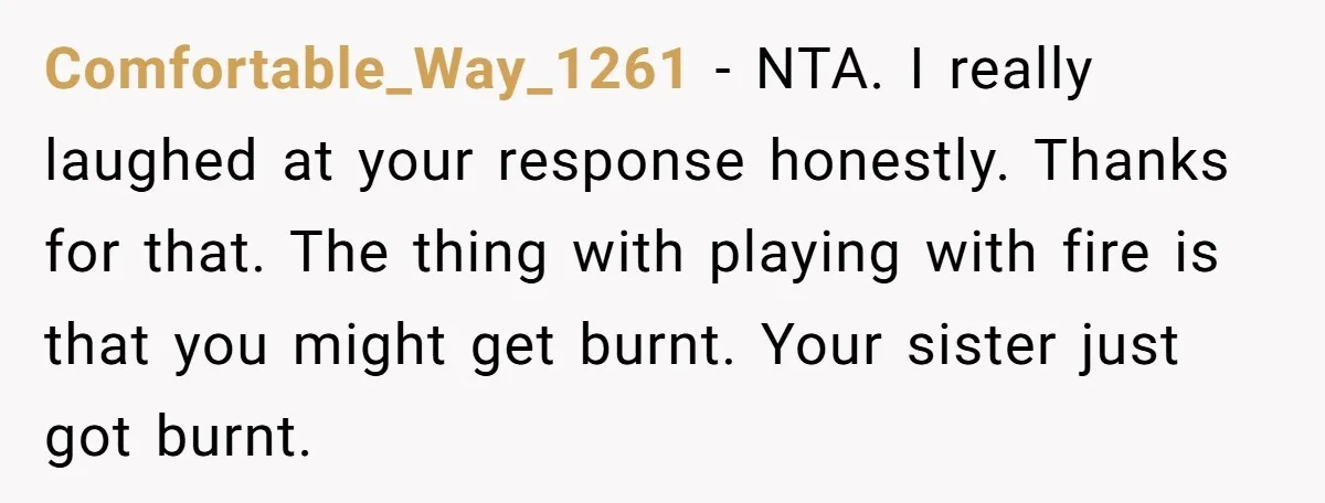 Comfortable_Way_1261 − NTA. I really laughed at your response honestly. Thanks for that. The thing with playing with fire is that you might get burnt. Your sister just got burnt.