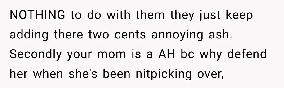 NOTHING to do with them they just keep adding there two cents annoying ash. Secondly your mom is a AH bc why defend her when she's been nitpicking over,