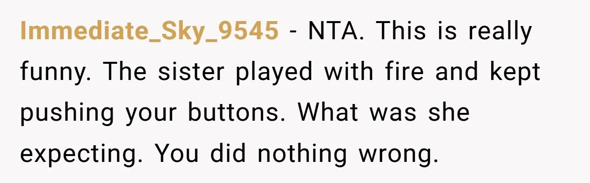 Immediate_Sky_9545 − NTA. This is really funny. The sister played with fire and kept pushing your buttons. What was she expecting. You did nothing wrong.