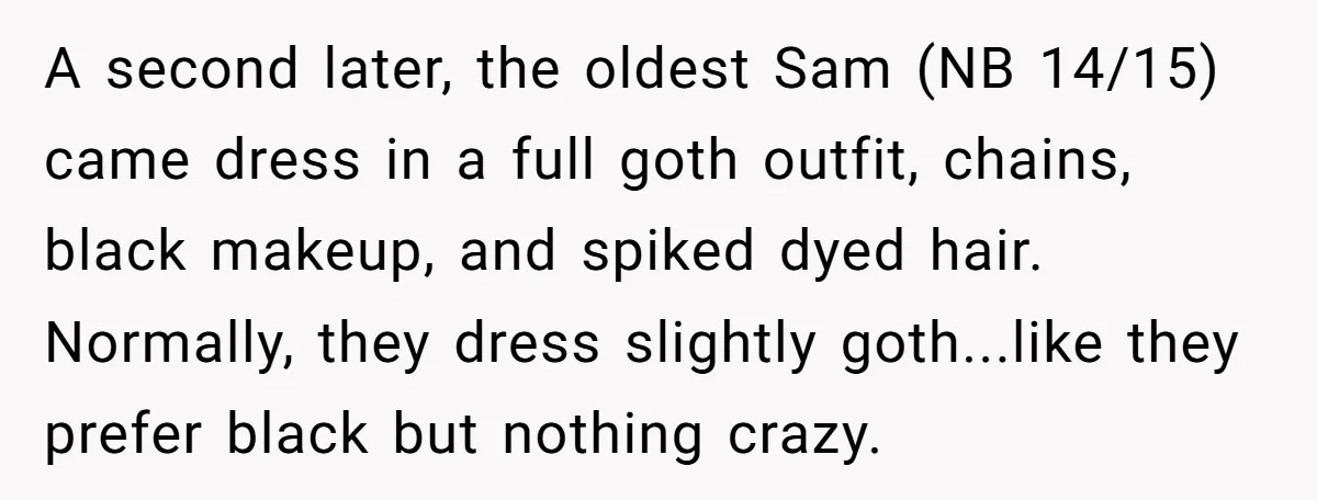 A second later, the oldest Sam (NB 14/15) came dress in a full goth outfit, chains, black makeup, and spiked dyed hair. Normally, they dress slightly goth...like they prefer black...