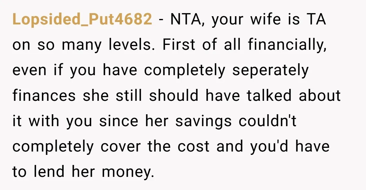 Lopsided_Put4682 - NTA, your wife is TA on so many levels. First of all financially, even if you have completely seperately finances she still should have talked about it with...