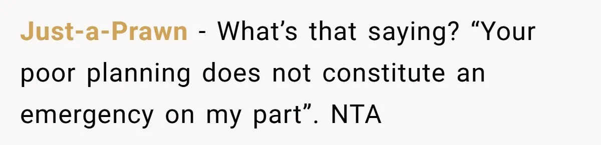 Just-a-Prawn - What’s that saying? “Your poor planning does not constitute an emergency on my part”. NTA