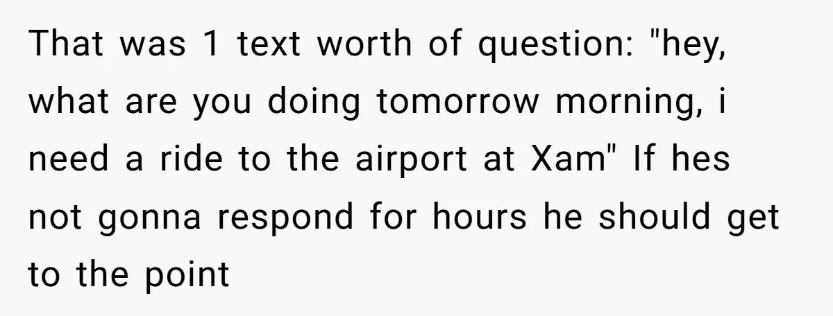 That was 1 text worth of question: "hey, what are you doing tomorrow morning, i need a ride to the airport at Xam" If hes not gonna respond for hours...