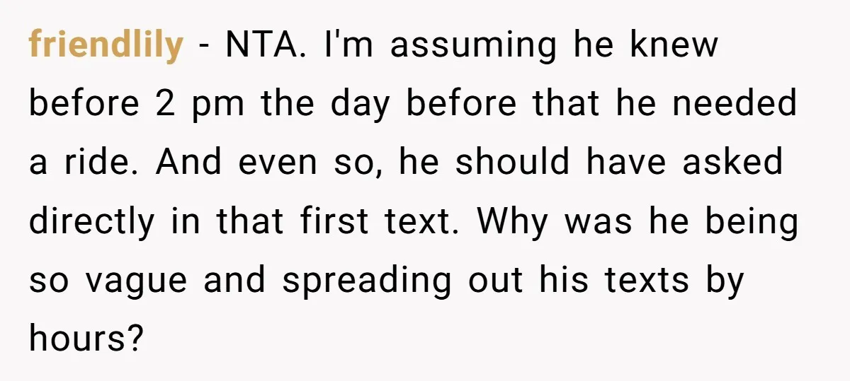 friendlily - NTA. I'm assuming he knew before 2 pm the day before that he needed a ride. And even so, he should have asked directly in that first text....