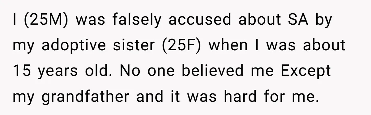I (25M) was falsely accused about SA by my adoptive sister (25F) when I was about 15 years old. No one believed me Except my grandfather and it was hard...