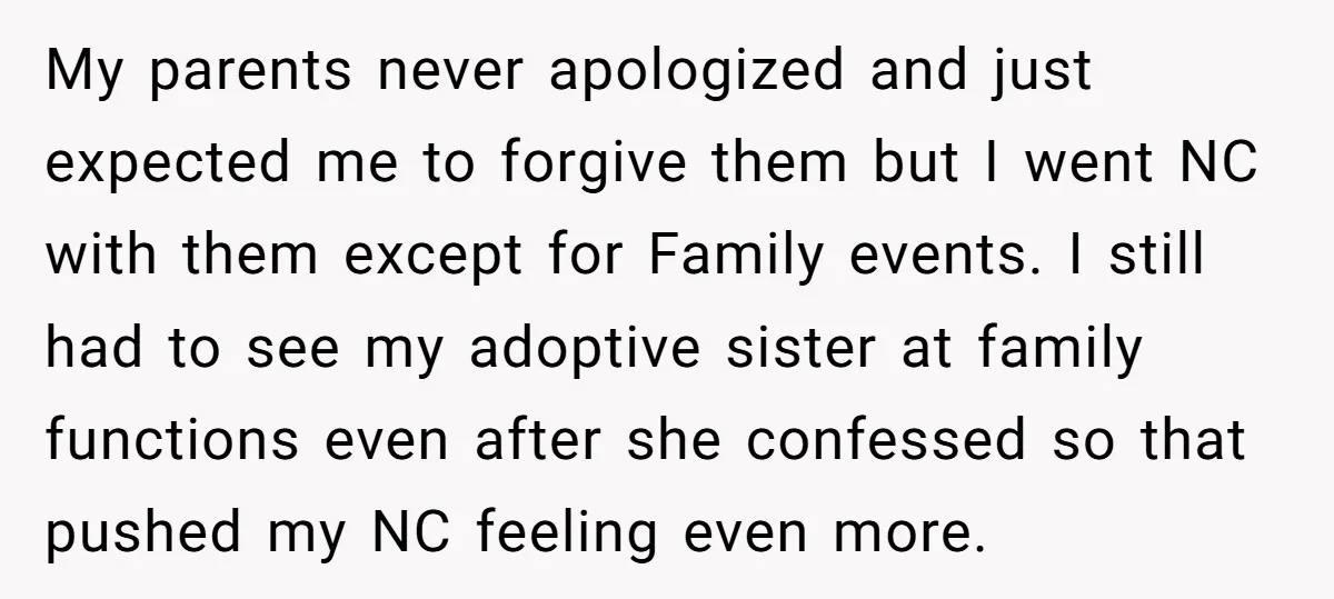 My parents never apologized and just expected me to forgive them but I went NC with them except for Family events. I still had to see my adoptive sister at...