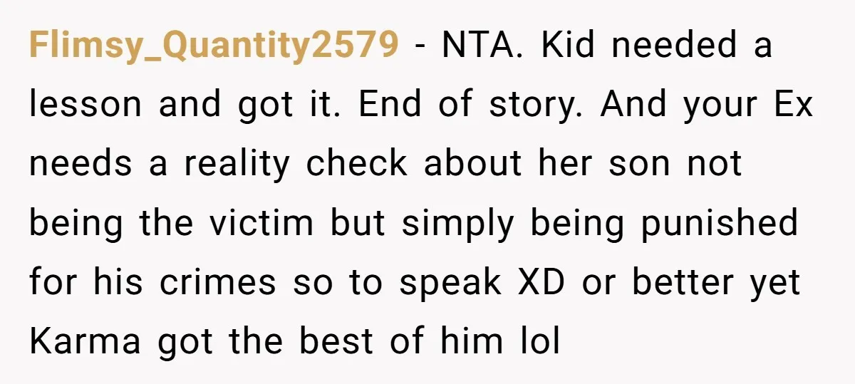 Flimsy_Quantity2579 - NTA. Kid needed a lesson and got it. End of story. And your Ex needs a reality check about her son not being the victim but simply being...