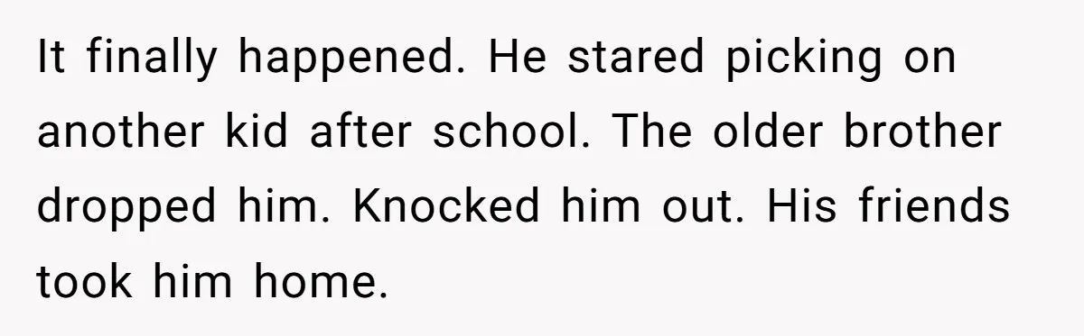 It finally happened. He stared picking on another kid after school. The older brother dropped him. Knocked him out. His friends took him home.