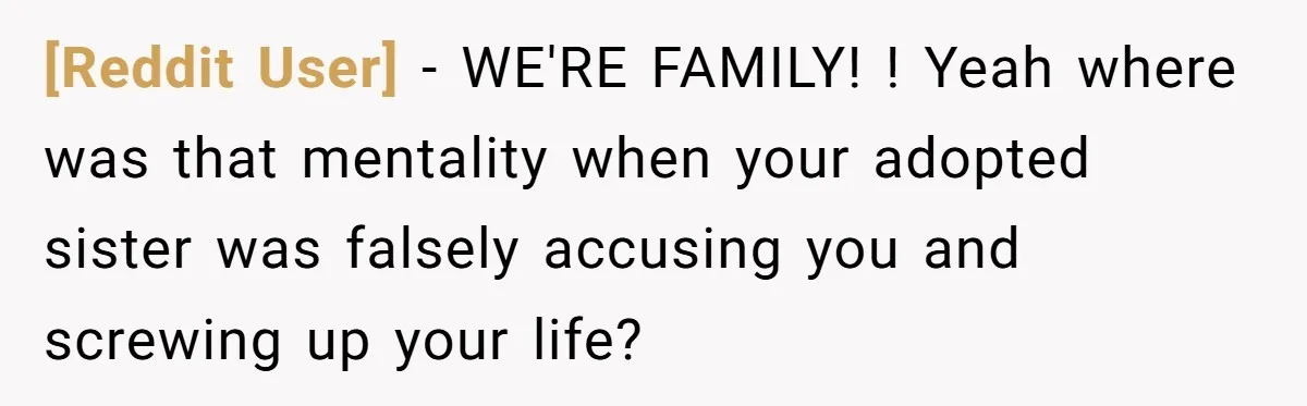 [Reddit User] − WE'RE FAMILY! ! Yeah where was that mentality when your adopted sister was falsely accusing you and screwing up your life?