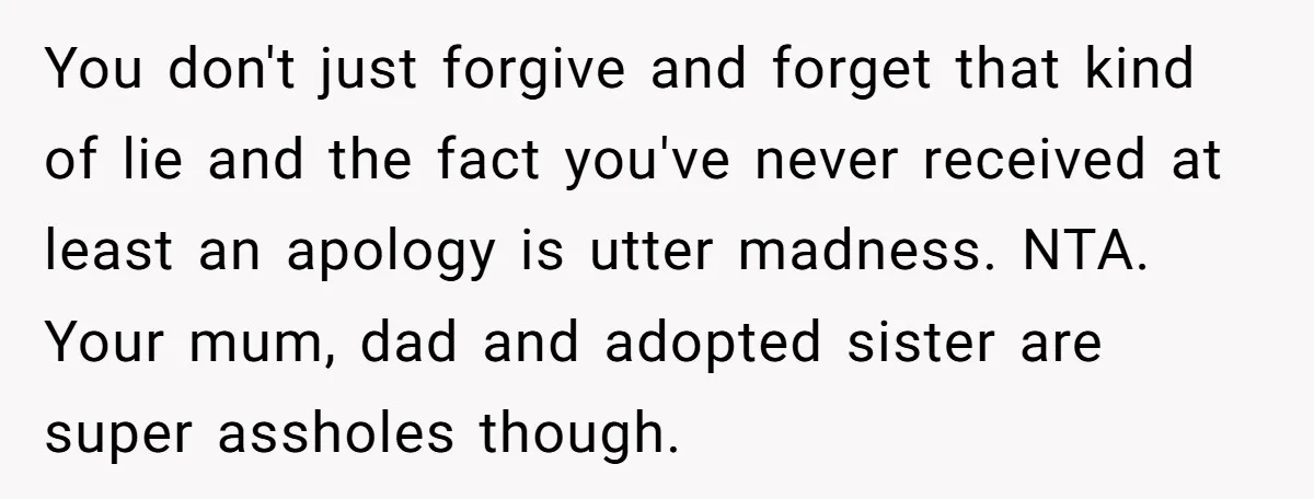 You don't just forgive and forget that kind of lie and the fact you've never received at least an apology is utter madness. NTA. Your mum, dad and adopted sister...