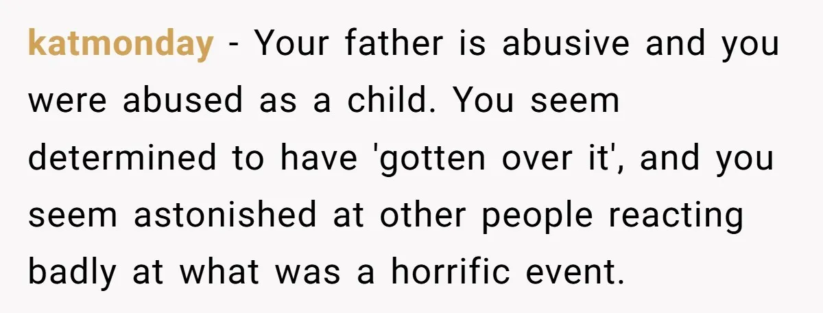 katmonday − Your father is abusive and you were abused as a child. You seem determined to have 'gotten over it', and you seem astonished at other people reacting badly...