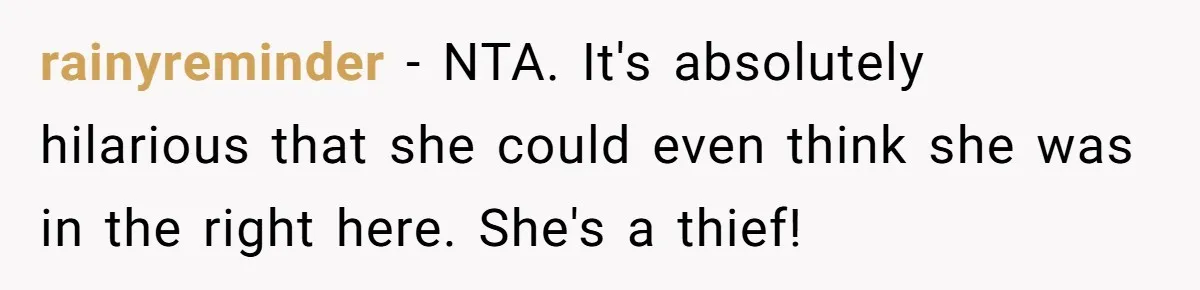 rainyreminder - NTA. It's absolutely hilarious that she could even think she was in the right here. She's a thief!