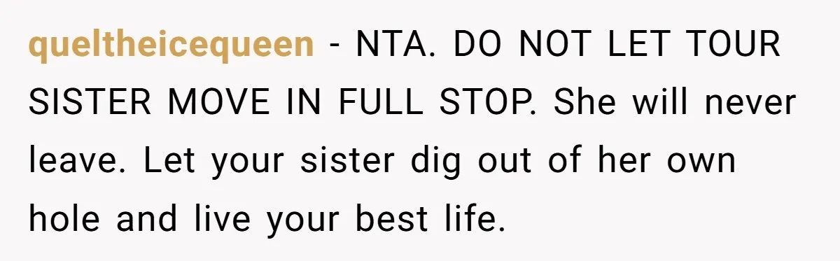 queltheicequeen − NTA. DO NOT LET TOUR SISTER MOVE IN FULL STOP. She will never leave. Let your sister dig out of her own hole and live your best life.