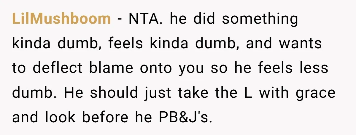 LilMushboom - NTA. he did something kinda dumb, feels kinda dumb, and wants to deflect blame onto you so he feels less dumb. He should just take the L with...