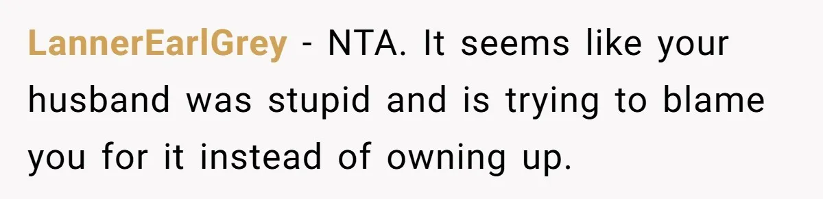 LannerEarlGrey - NTA. It seems like your husband was stupid and is trying to blame you for it instead of owning up.