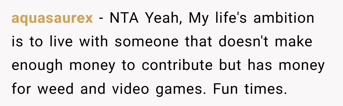aquasaurex − NTA Yeah, My life's ambition is to live with someone that doesn't make enough money to contribute but has money for weed and video games. Fun times.