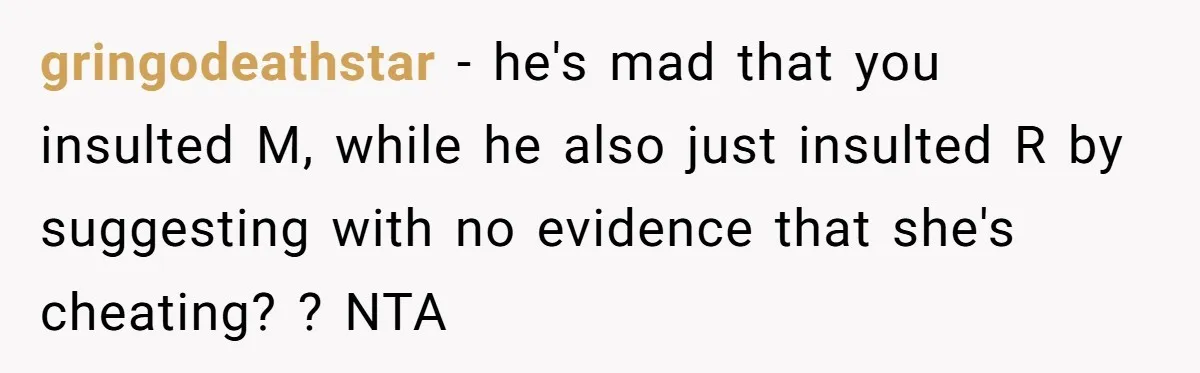 gringodeathstar − he's mad that you insulted M, while he also just insulted R by suggesting with no evidence that she's cheating? ? NTA