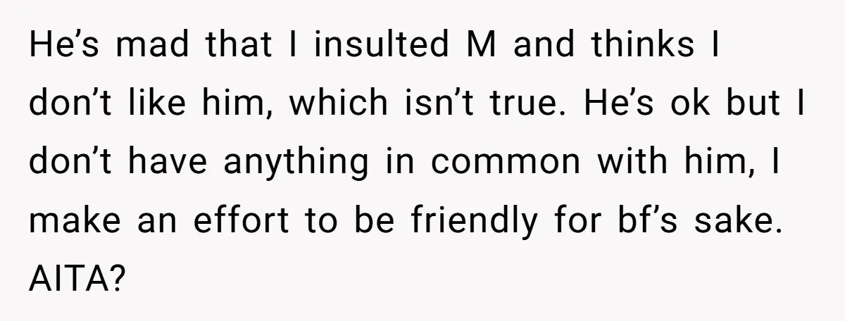 He’s mad that I insulted M and thinks I don’t like him, which isn’t true. He’s ok but I don’t have anything in common with him, I make an effort...