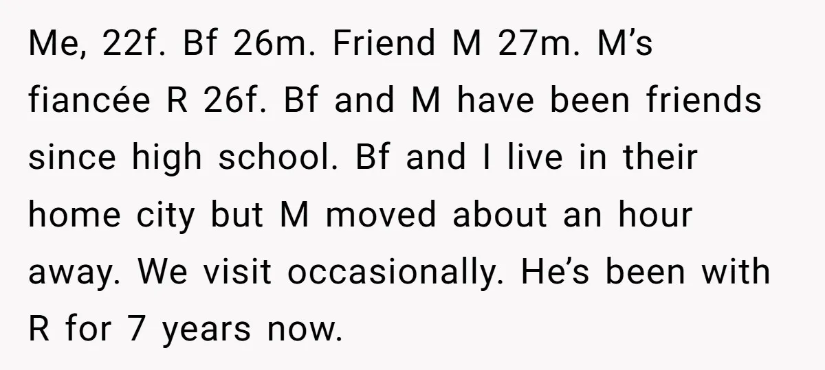 Me, 22f. Bf 26m. Friend M 27m. M’s fiancée R 26f. Bf and M have been friends since high school. Bf and I live in their home city but M...