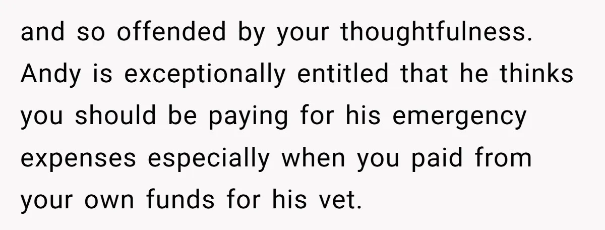 and so offended by your thoughtfulness. Andy is exceptionally entitled that he thinks you should be paying for his emergency expenses especially when you paid from your own funds for...