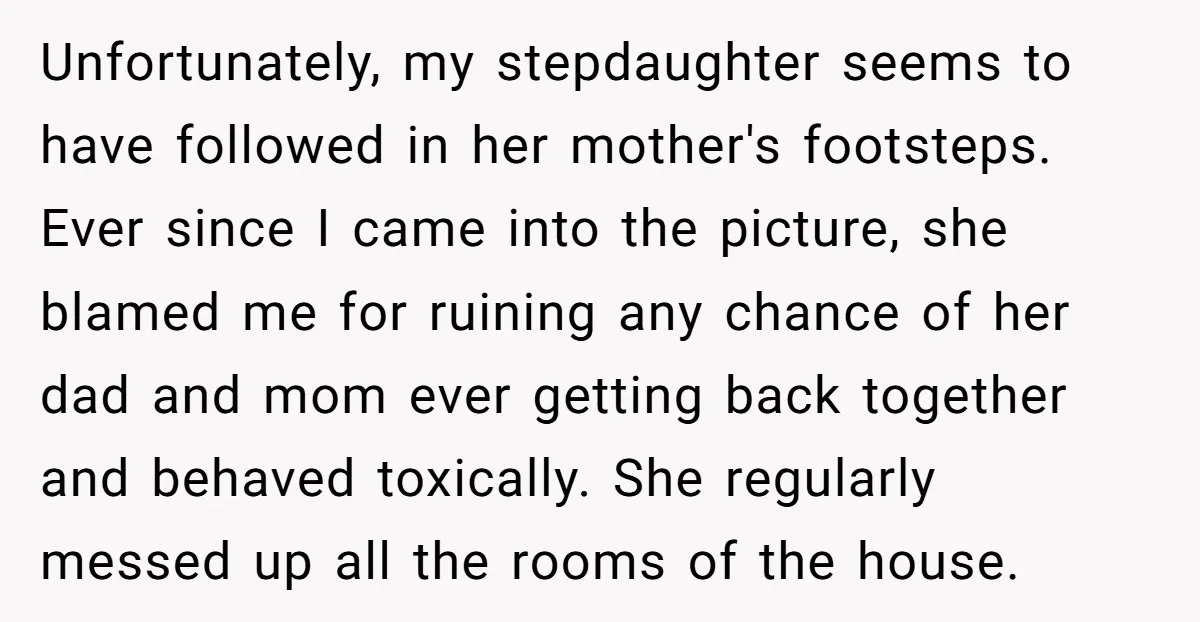 Unfortunately, my stepdaughter seems to have followed in her mother's footsteps. Ever since I came into the picture, she blamed me for ruining any chance of her dad and mom...