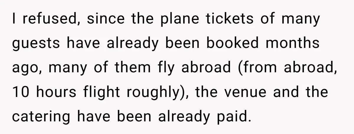 I refused, since the plane tickets of many guests have already been booked months ago, many of them fly abroad (from abroad, 10 hours flight roughly), the venue and the...