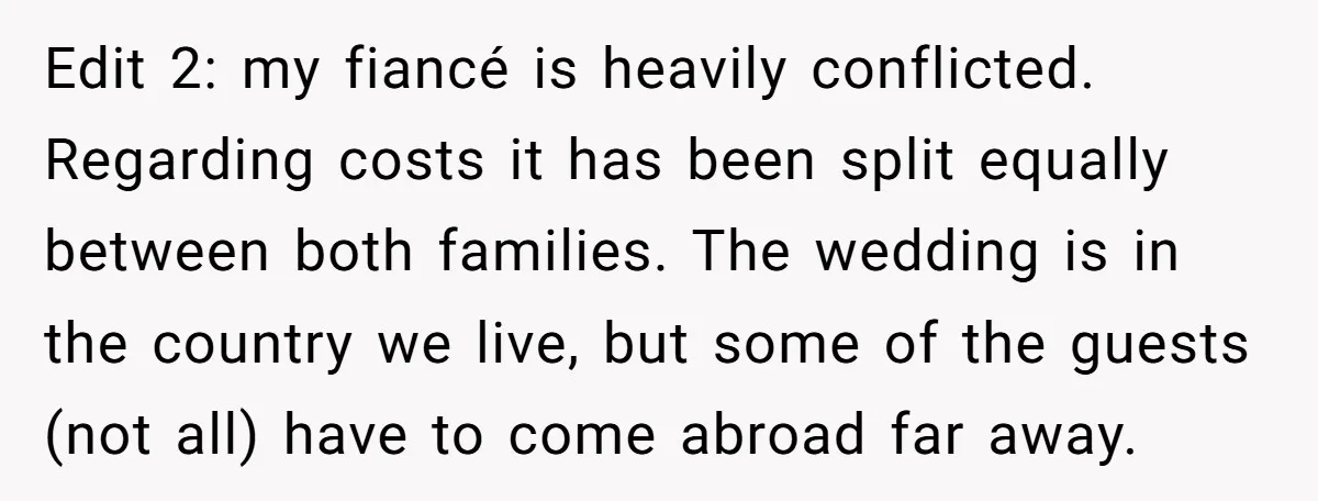 Edit 2: my fiancé is heavily conflicted. Regarding costs it has been split equally between both families. The wedding is in the country we live, but some of the guests...