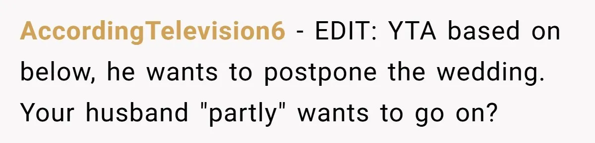 AccordingTelevision6 − EDIT: YTA based on below, he wants to postpone the wedding. Your husband "partly" wants to go on?