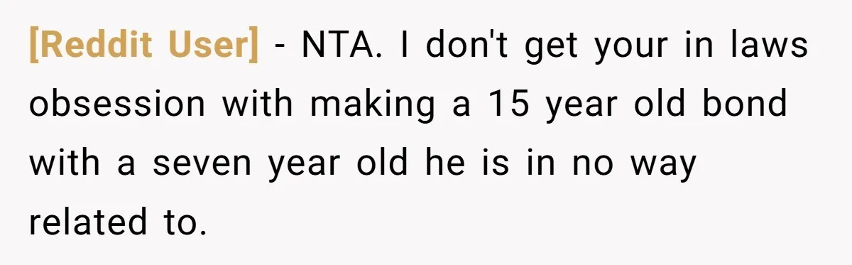 [Reddit User] − NTA. I don't get your in laws obsession with making a 15 year old bond with a seven year old he is in no way related to.