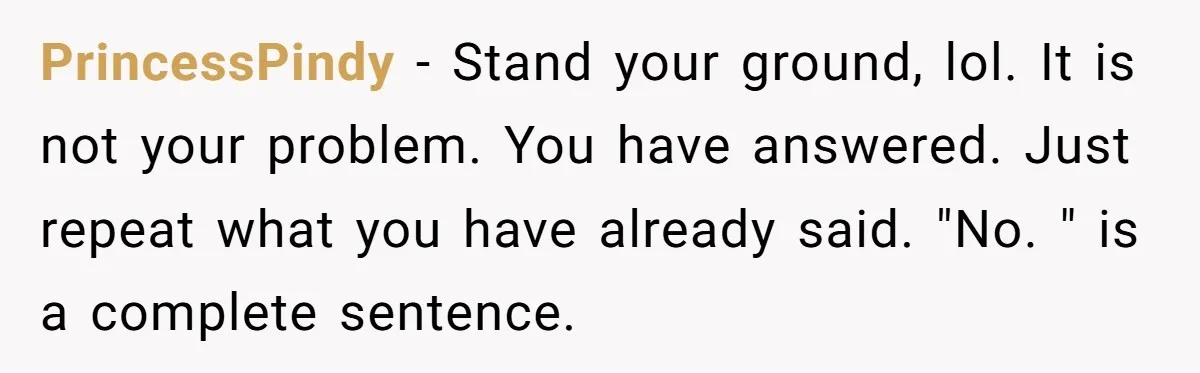 PrincessPindy − Stand your ground, lol. It is not your problem. You have answered. Just repeat what you have already said. "No. " is a complete sentence.