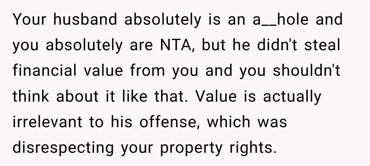 Your husband absolutely is an a__hole and you absolutely are NTA, but he didn't steal financial value from you and you shouldn't think about it like that. Value is actually...