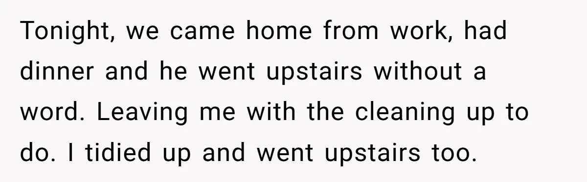 Tonight, we came home from work, had dinner and he went upstairs without a word. Leaving me with the cleaning up to do. I tidied up and went upstairs too.