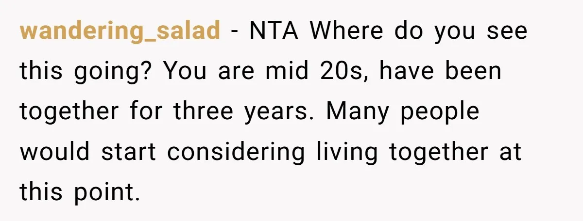 wandering_salad − NTA Where do you see this going? You are mid 20s, have been together for three years. Many people would start considering living together at this point.