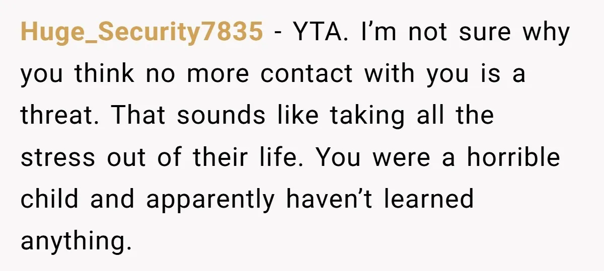 Huge_Security7835 − YTA. I’m not sure why you think no more contact with you is a threat. That sounds like taking all the stress out of their life. You were...