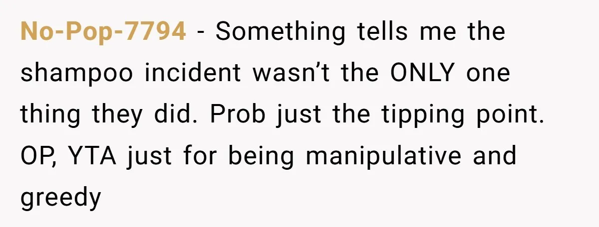 No-Pop-7794 − Something tells me the shampoo incident wasn’t the ONLY one thing they did. Prob just the tipping point. OP, YTA just for being manipulative and greedy