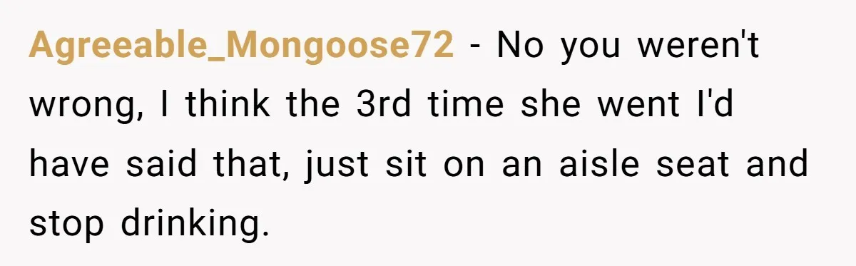 Agreeable_Mongoose72 − No you weren't wrong, I think the 3rd time she went I'd have said that, just sit on an aisle seat and stop drinking.