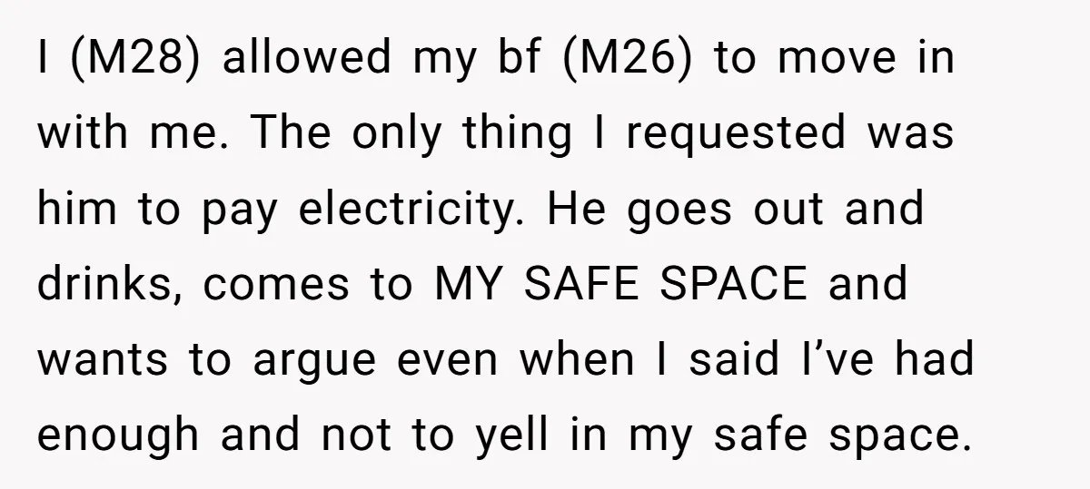 I (M28) allowed my bf (M26) to move in with me. The only thing I requested was him to pay electricity. He goes out and drinks, comes to MY SAFE...