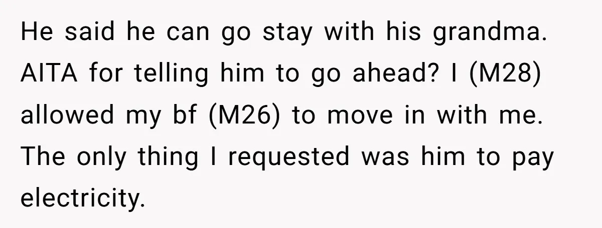 He said he can go stay with his grandma. AITA for telling him to go ahead? I (M28) allowed my bf (M26) to move in with me. The only thing...